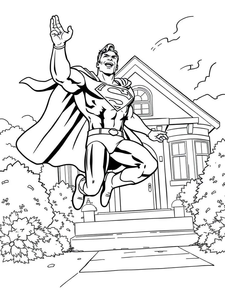 Superman jumping with joy, in front of their famous house or scene.
