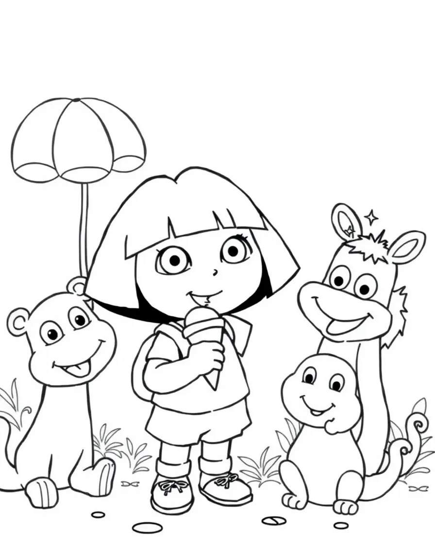Dora the Explorer enjoying an ice cream cone, surrounded by friendly animals.
