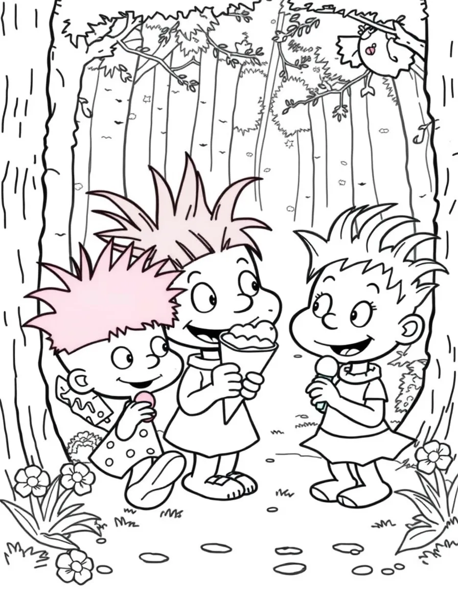 Rugrats enjoying an ice cream cone, in a magical forest setting.