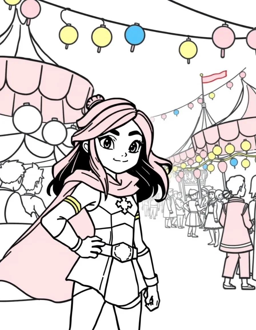Legend of Korra wearing a superhero costume, at a carnival with colorful decorations.