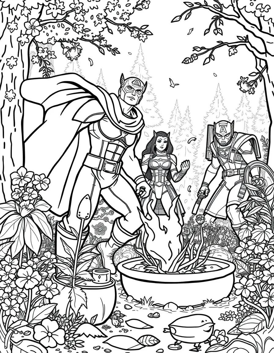 Avengers gardening, in a magical forest setting.