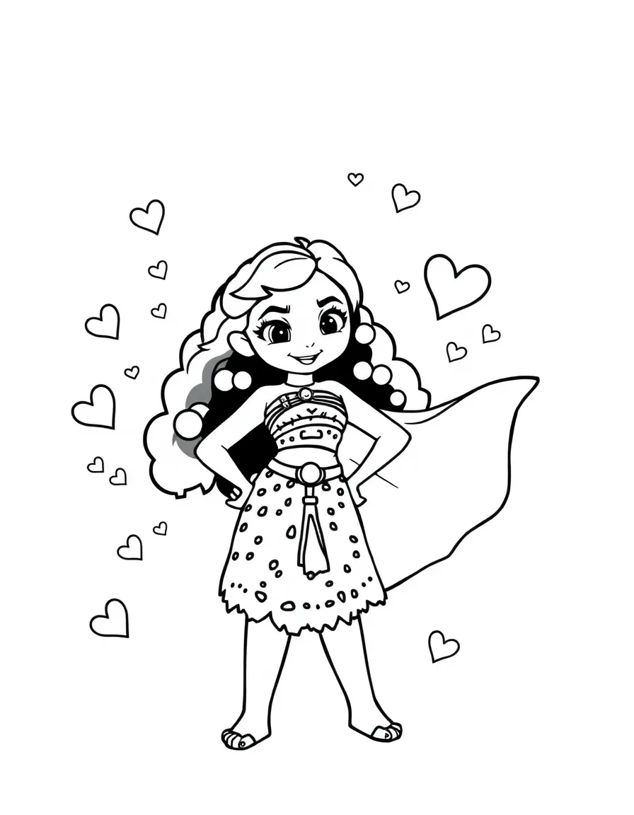 Moana wearing a superhero costume, with hearts and sparkles around.