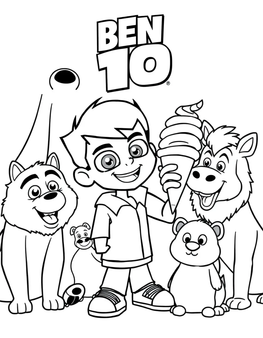 Ben 10 enjoying an ice cream cone, surrounded by friendly animals.