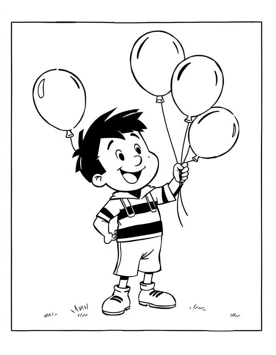 Fred playing with balloons, inside a comic book frame.