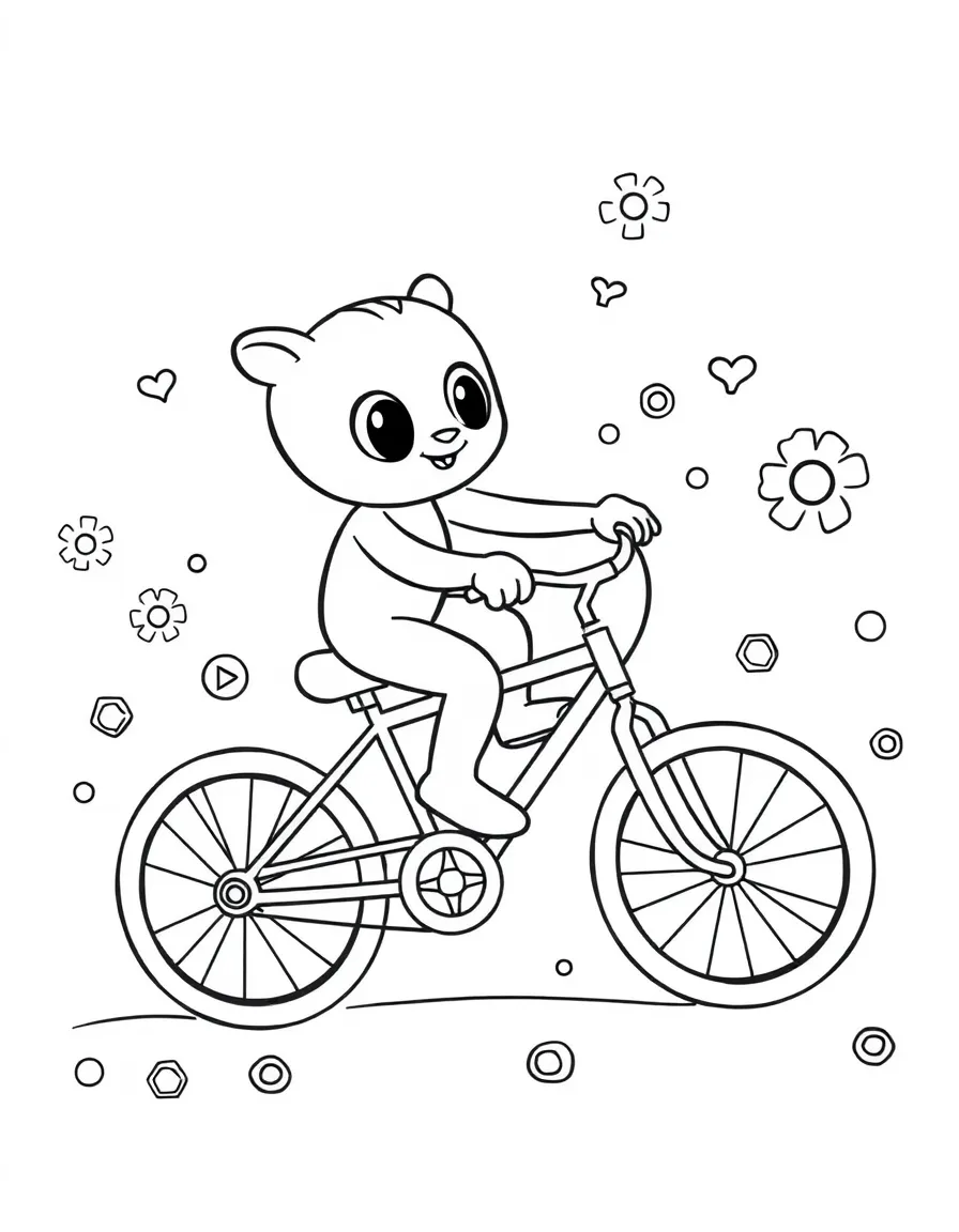 Bluey riding a bicycle, with playful patterns around.