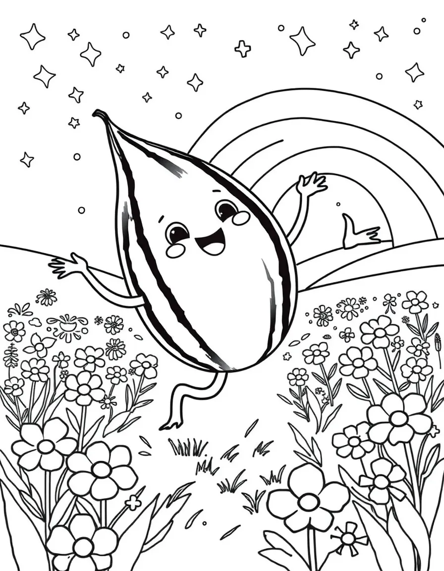 Cocomelon dancing in a field of flowers, with stars and rainbows in the background.