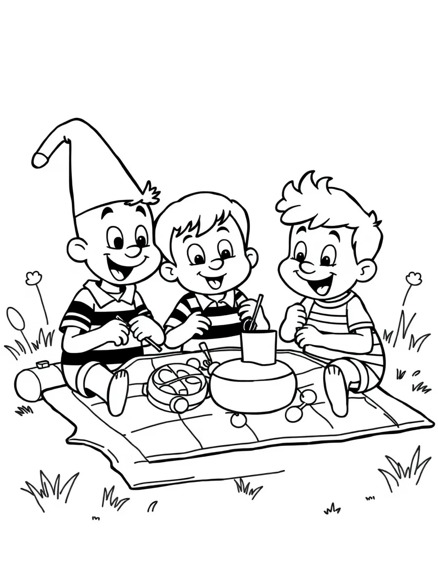 Ed, Edd n Eddy having a picnic, with big bold outlines for easy coloring.