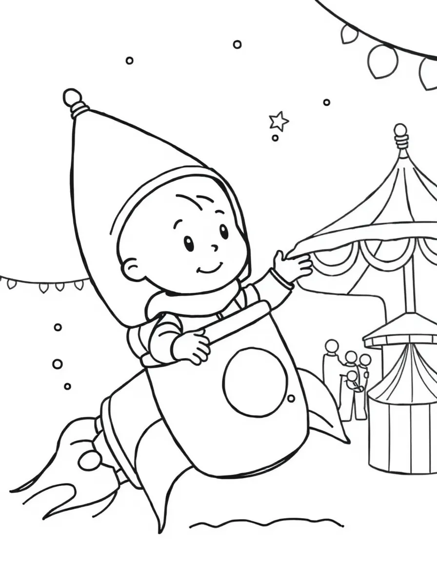 Caillou exploring space in a rocket, at a carnival with colorful decorations.
