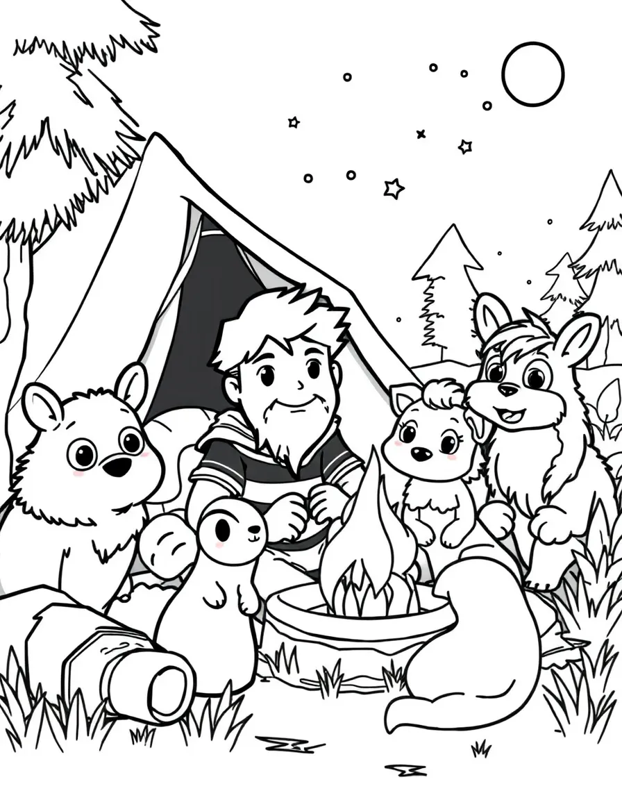 Zoro camping with friends, surrounded by friendly animals.