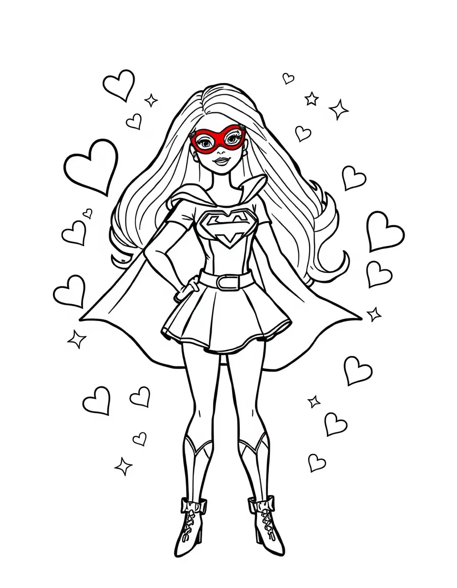 Barbie wearing a superhero costume, with hearts and sparkles around.