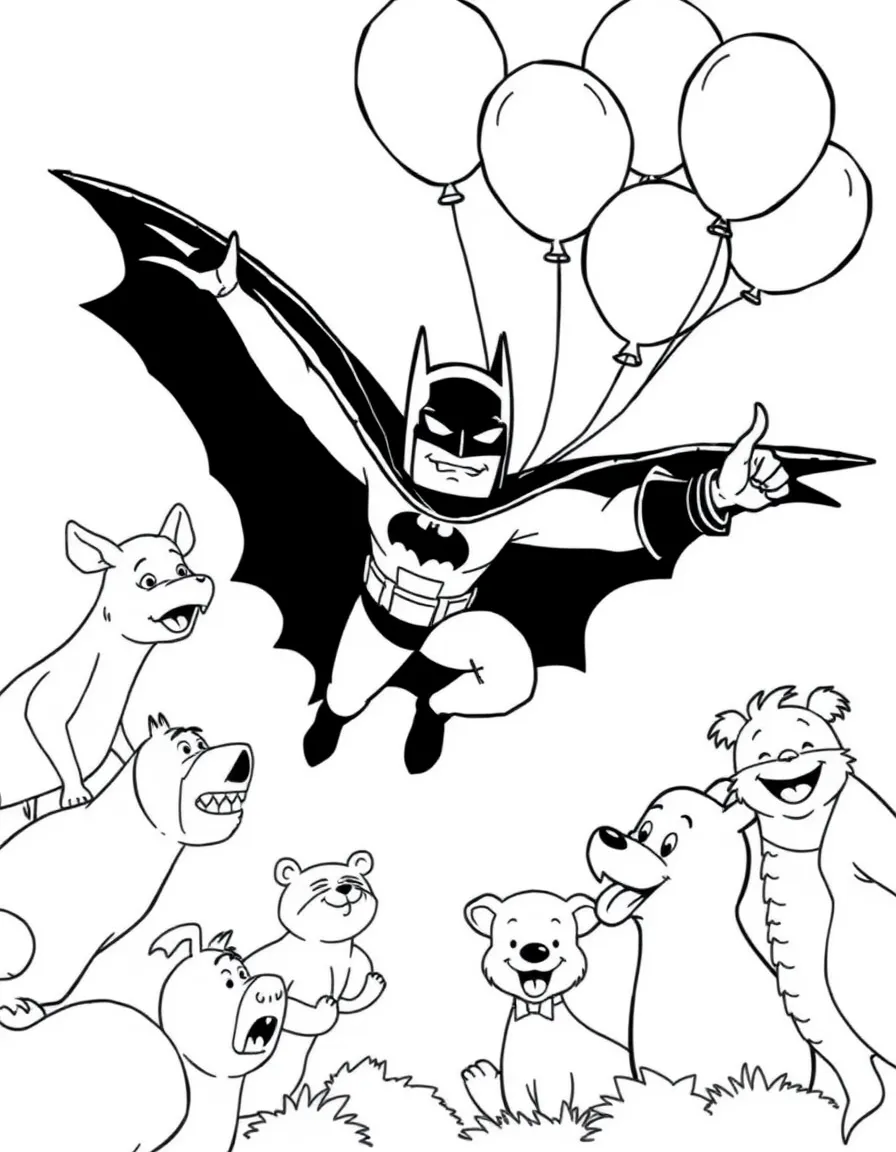 Batman: The Animated Series flying with balloons, surrounded by friendly animals.