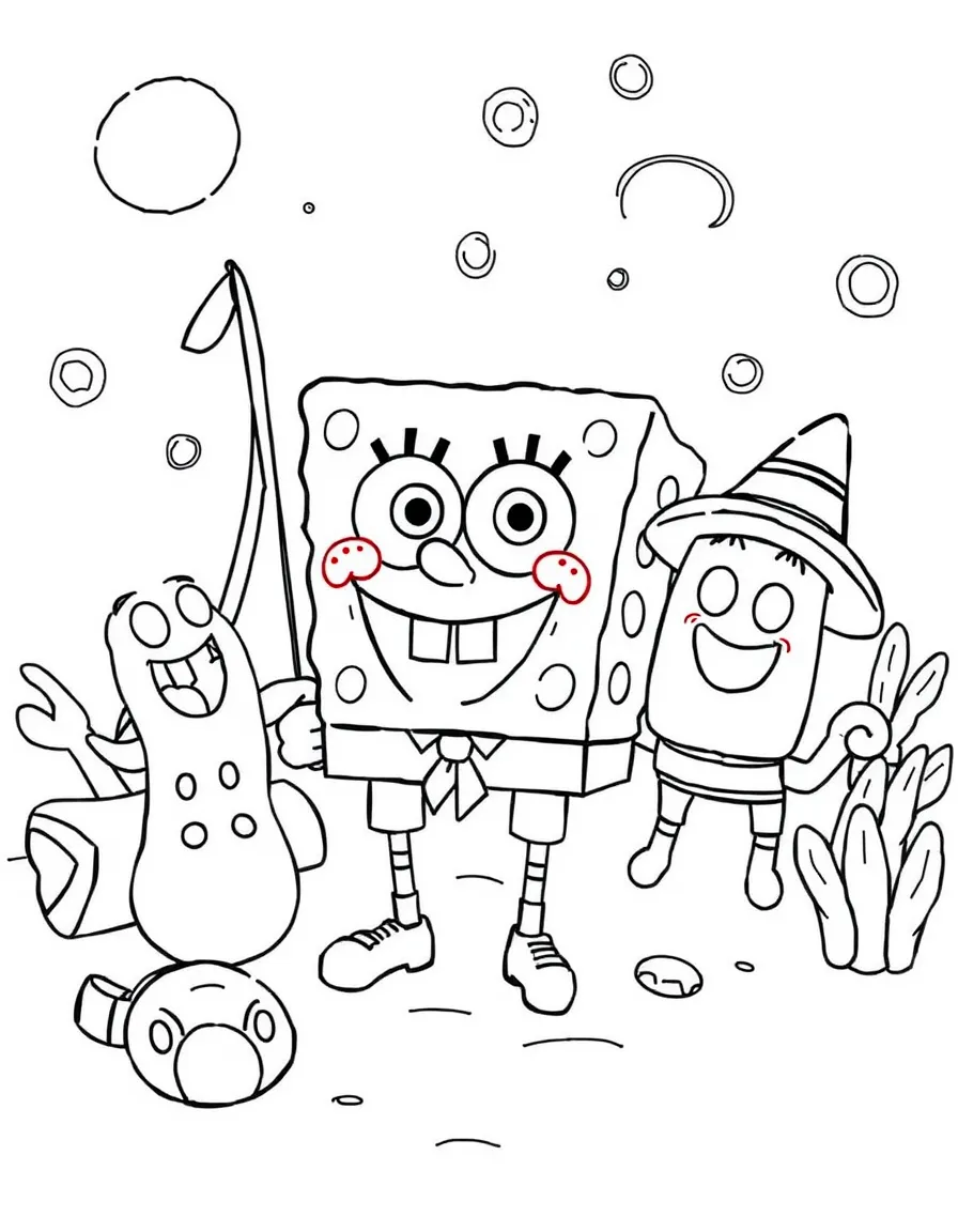 SpongeBob SquarePants camping with friends, with playful patterns around.