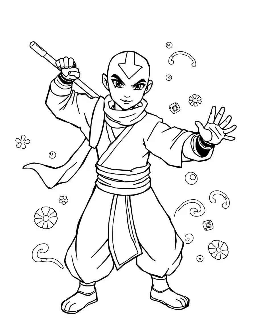 Avatar: The Last Airbender posing heroically, with playful patterns around.