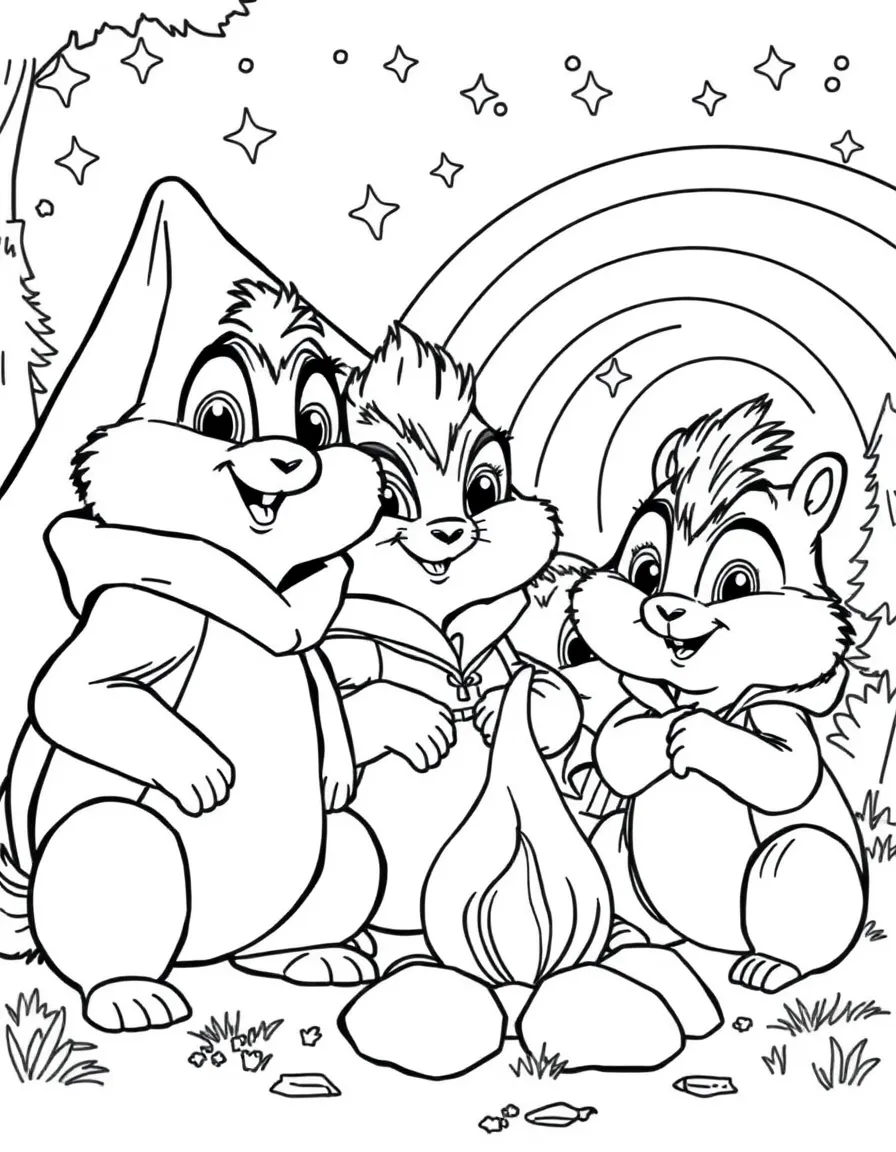 Alvin and the Chipmunks camping with friends, with stars and rainbows in the background.