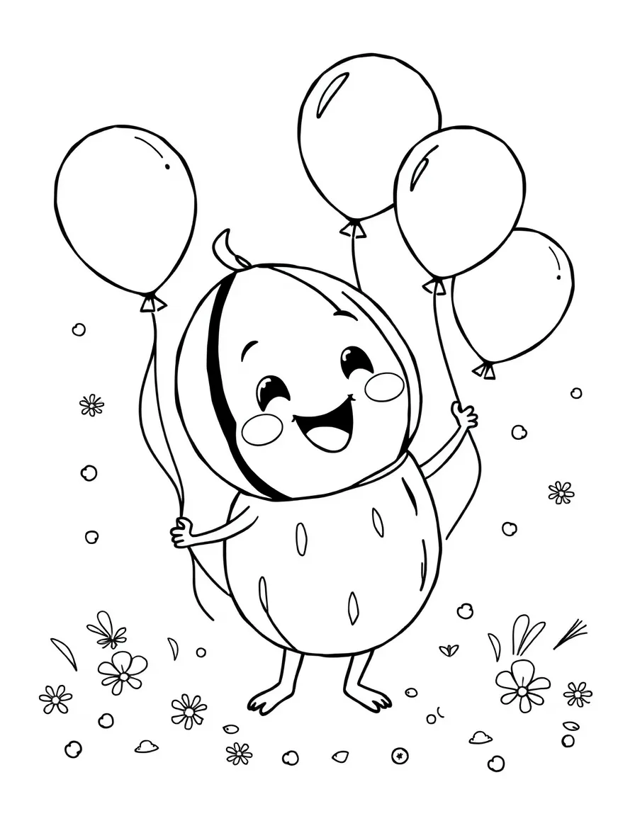 Cocomelon playing with balloons, with playful patterns around.