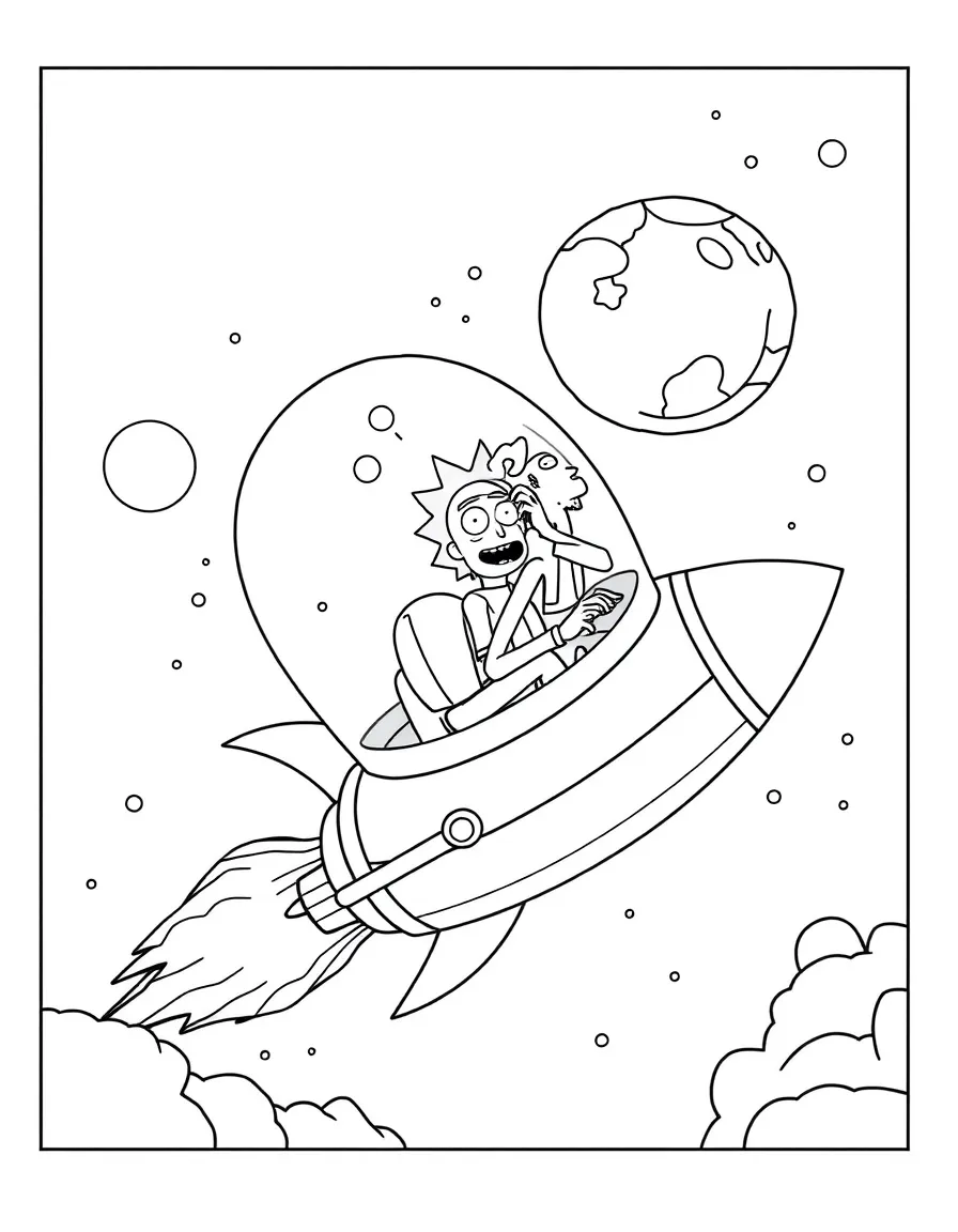 Rick and Morty exploring space in a rocket, inside a comic book frame.