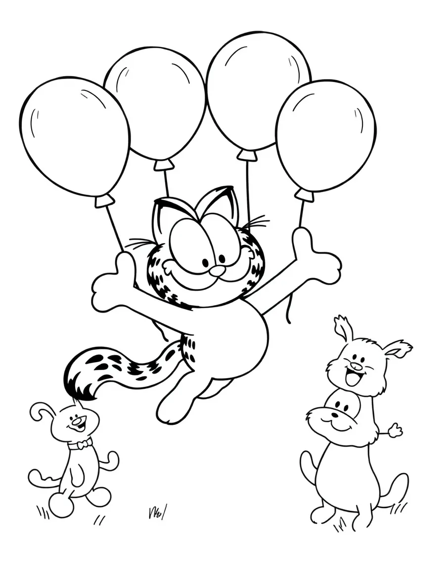 Garfield flying with balloons, surrounded by friendly animals.