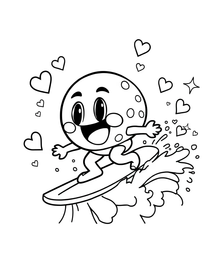 Gumball surfing on waves, with hearts and sparkles around.