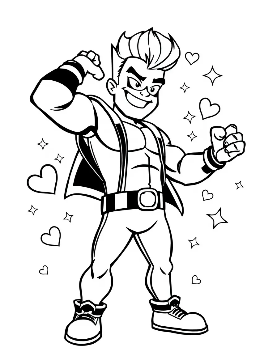 Johnny Bravo posing heroically, with hearts and sparkles around.