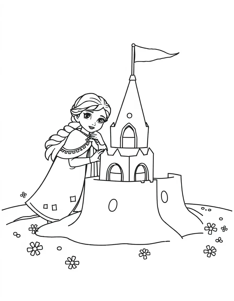 Frozen Characters building a sandcastle, with playful patterns around.
