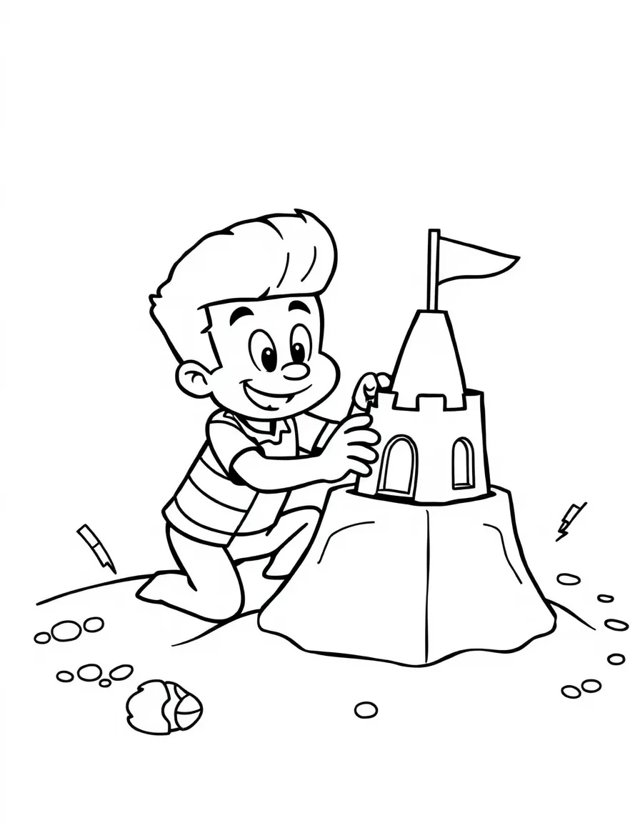 Johnny Bravo building a sandcastle, with playful patterns around.