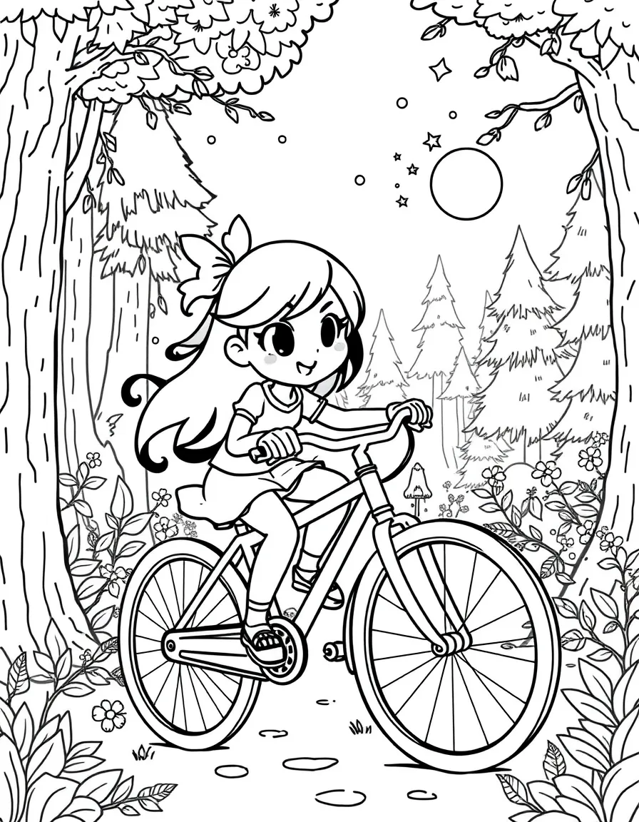 Nami riding a bicycle, in a magical forest setting.