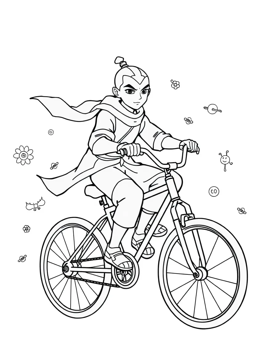 Avatar: The Last Airbender riding a bicycle, with playful patterns around.