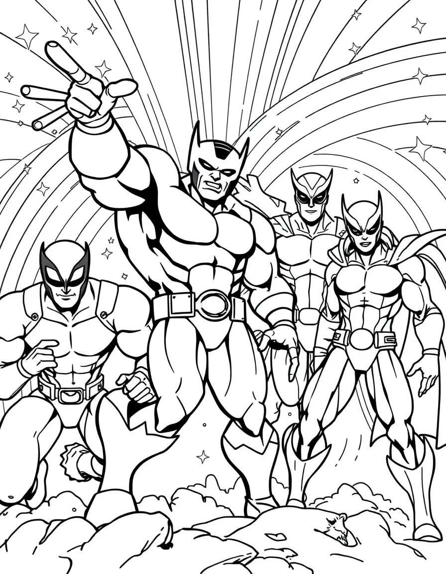 X-Men painting a picture, with stars and rainbows in the background.
