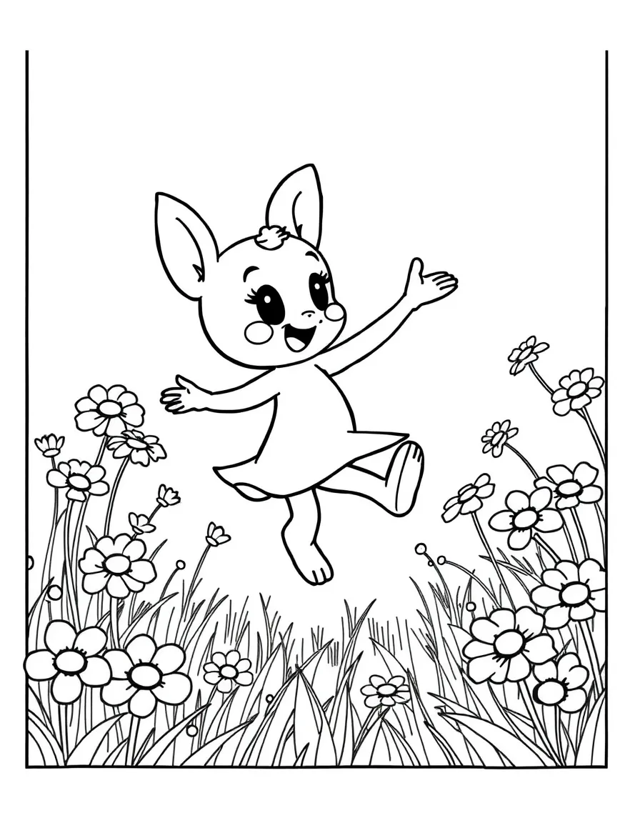Bluey dancing in a field of flowers, inside a comic book frame.