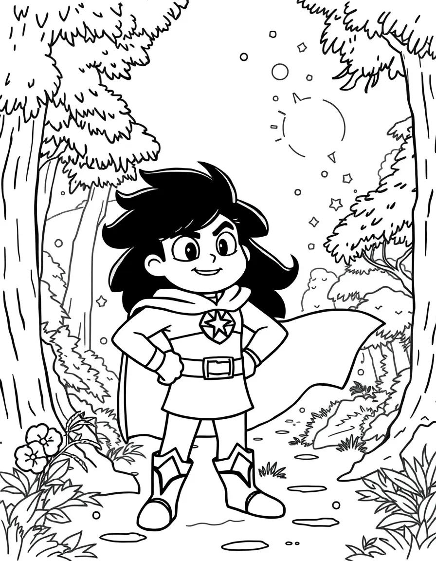 Steven Universe wearing a superhero costume, in a magical forest setting.