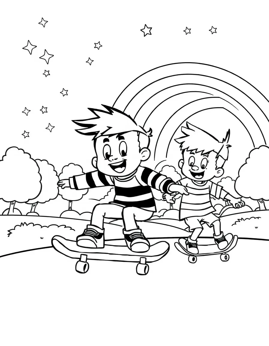 Ed, Edd n Eddy skateboarding in the park, with stars and rainbows in the background.