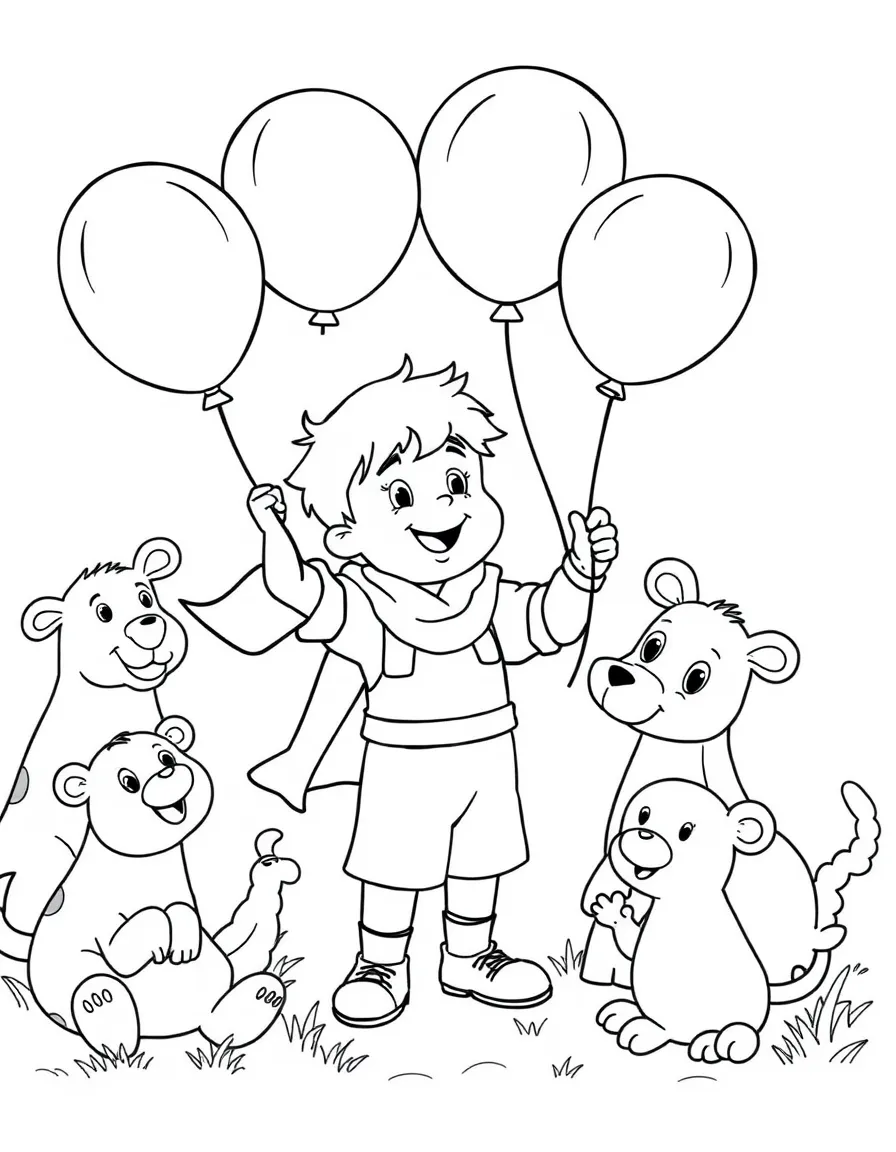 Arthur playing with balloons, surrounded by friendly animals.