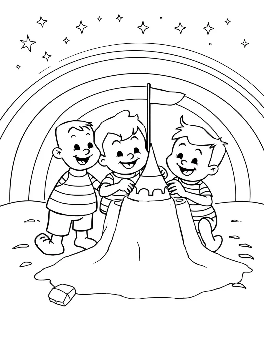 Ed, Edd n Eddy building a sandcastle, with stars and rainbows in the background.