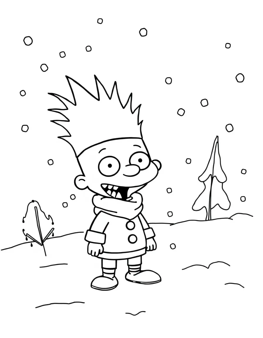 Hey Arnold! playing in the snow, with big bold outlines for easy coloring.