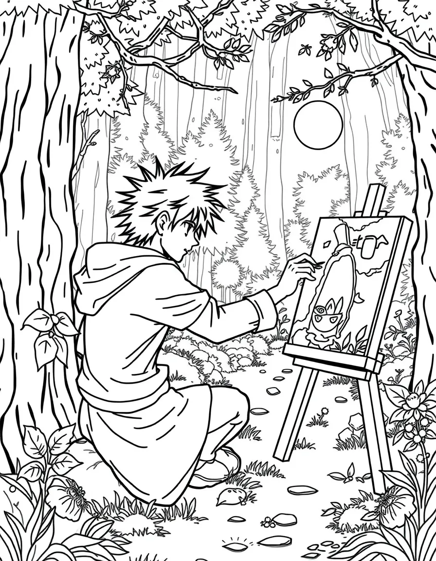 Sanji painting a picture, in a magical forest setting.