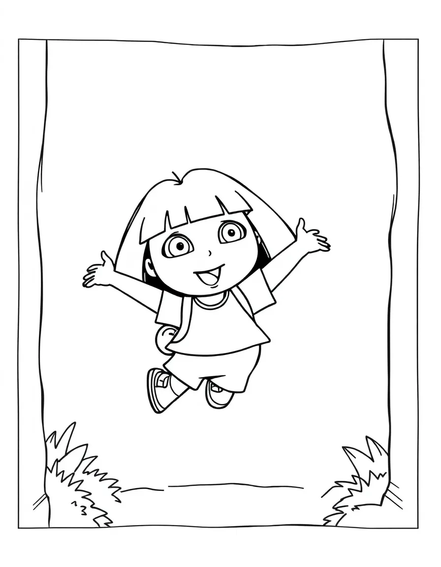 Dora the Explorer jumping with joy, inside a comic book frame.