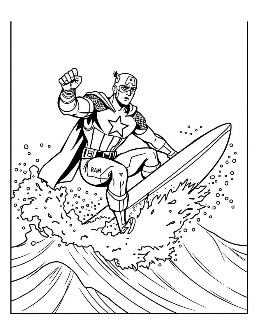 Captain America surfing on waves, inside a comic book frame.
