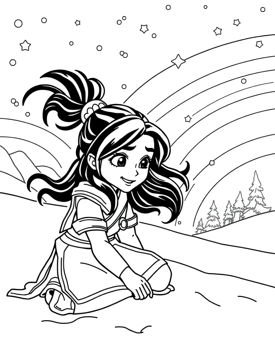 Legend of Korra playing in the snow, with stars and rainbows in the background.