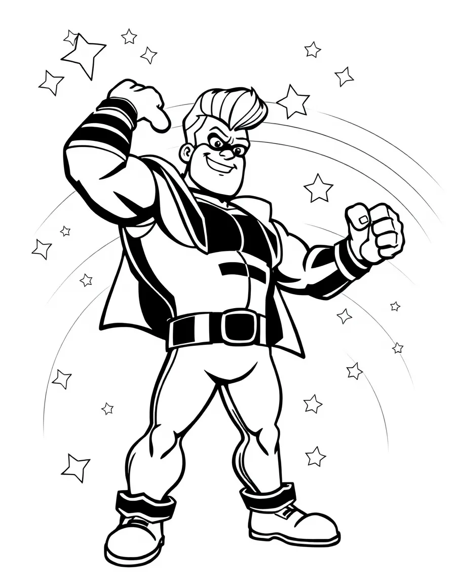 Johnny Bravo posing heroically, with stars and rainbows in the background.