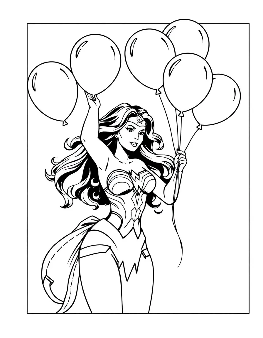Wonder Woman playing with balloons, inside a comic book frame.