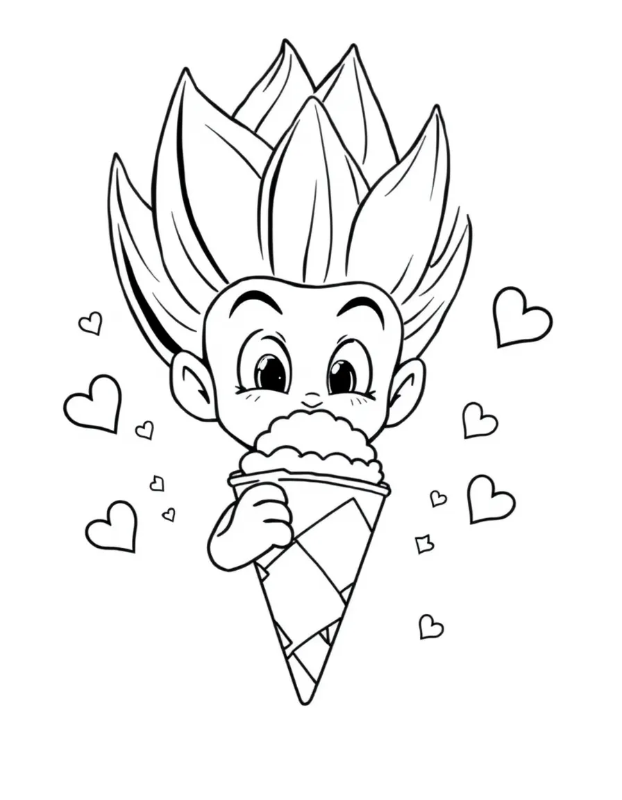 Vegeta enjoying an ice cream cone, with hearts and sparkles around.