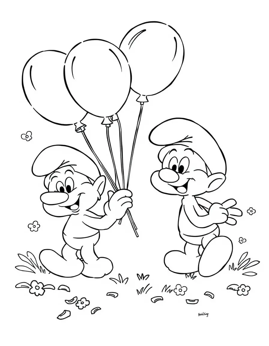 The Smurfs playing with balloons, with playful patterns around.