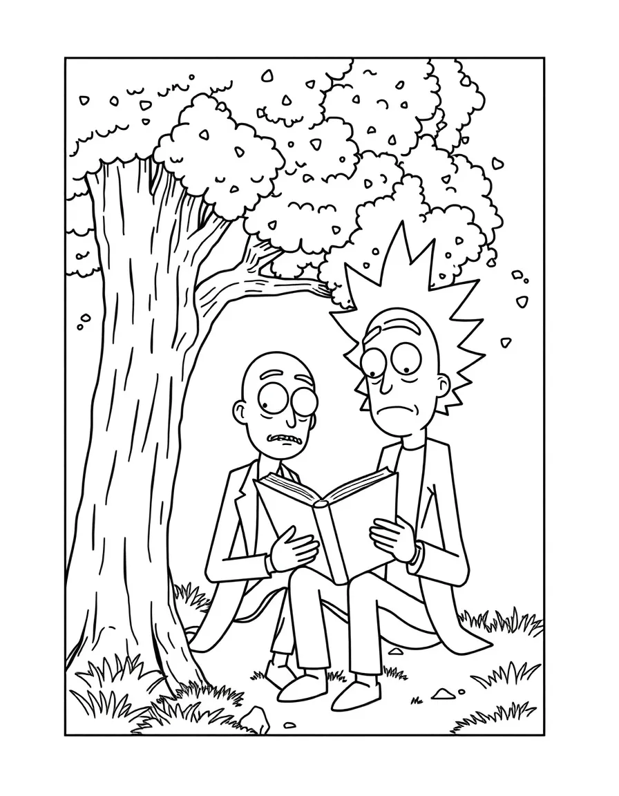 Rick and Morty reading a book under a tree, inside a comic book frame.