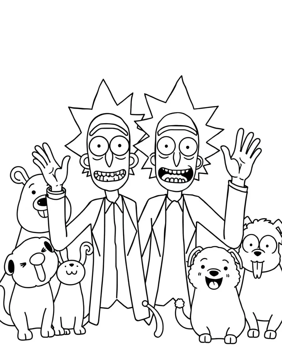 Rick and Morty waving hello, surrounded by friendly animals.