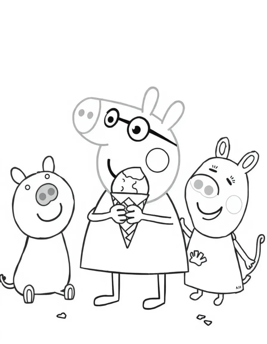 Peppa Pig enjoying an ice cream cone, surrounded by friendly animals.