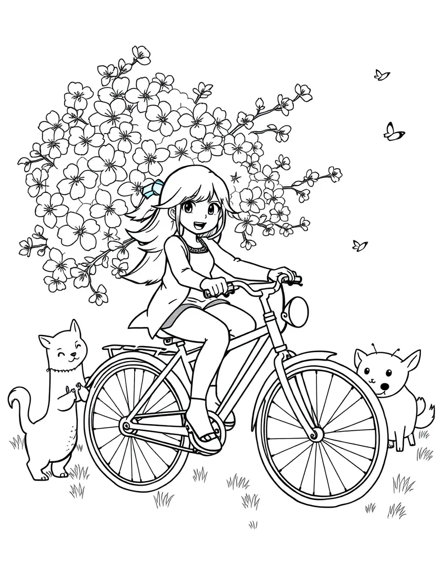 Sakura riding a bicycle, surrounded by friendly animals.