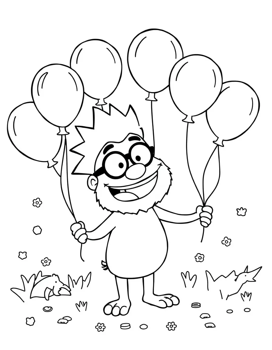 Regular Show playing with balloons, with playful patterns around.