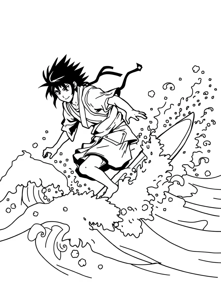 Sasuke surfing on waves, with playful patterns around.