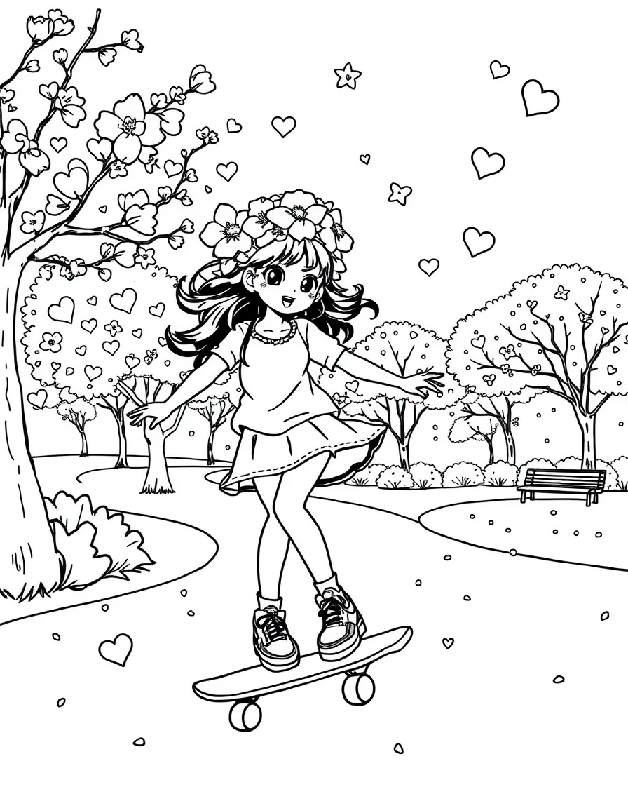 Sakura skateboarding in the park, with hearts and sparkles around.