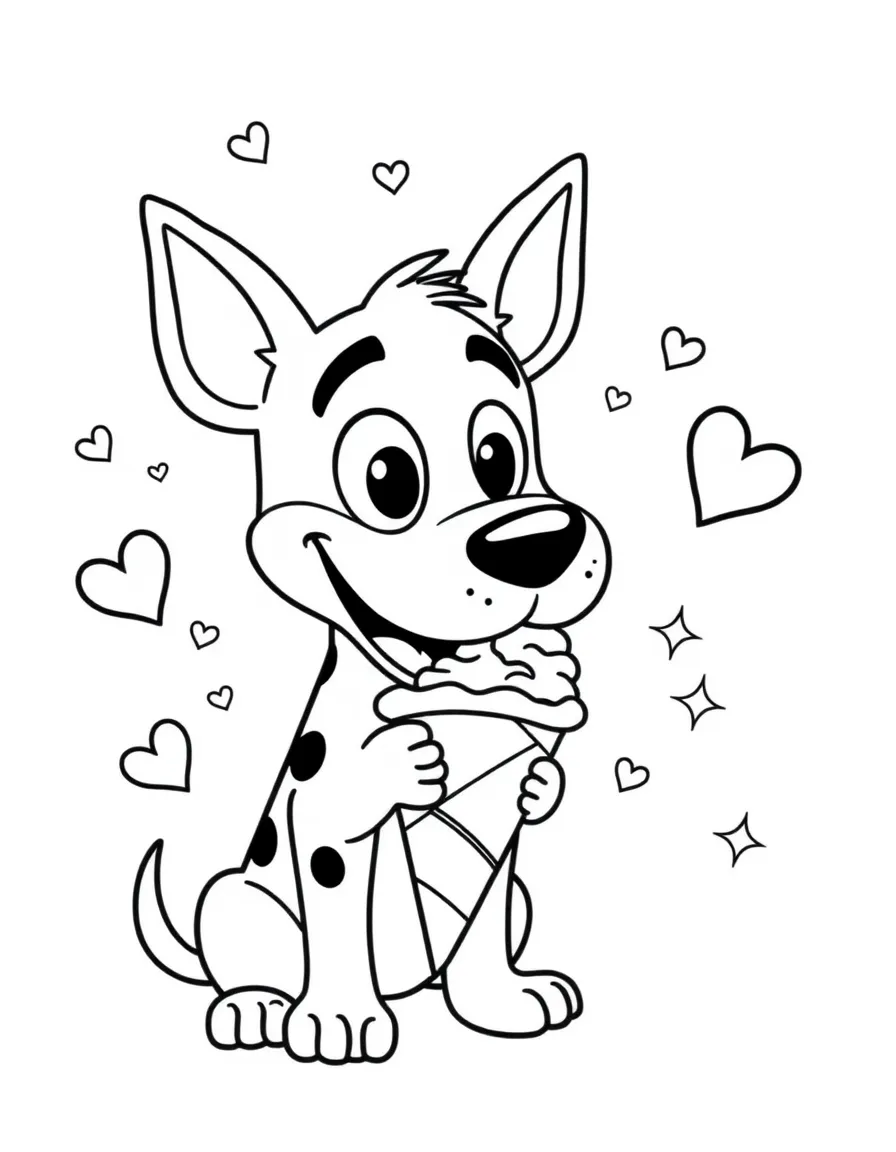 Courage the Cowardly Dog enjoying an ice cream cone, with hearts and sparkles around.